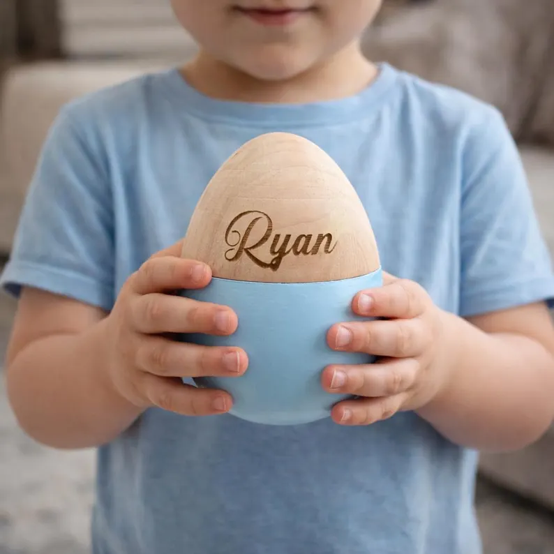 Personalized Wooden Easter Egg for Kids | Custom Name Keepsake for Baby | Pink & Blue Baby Shower Gift