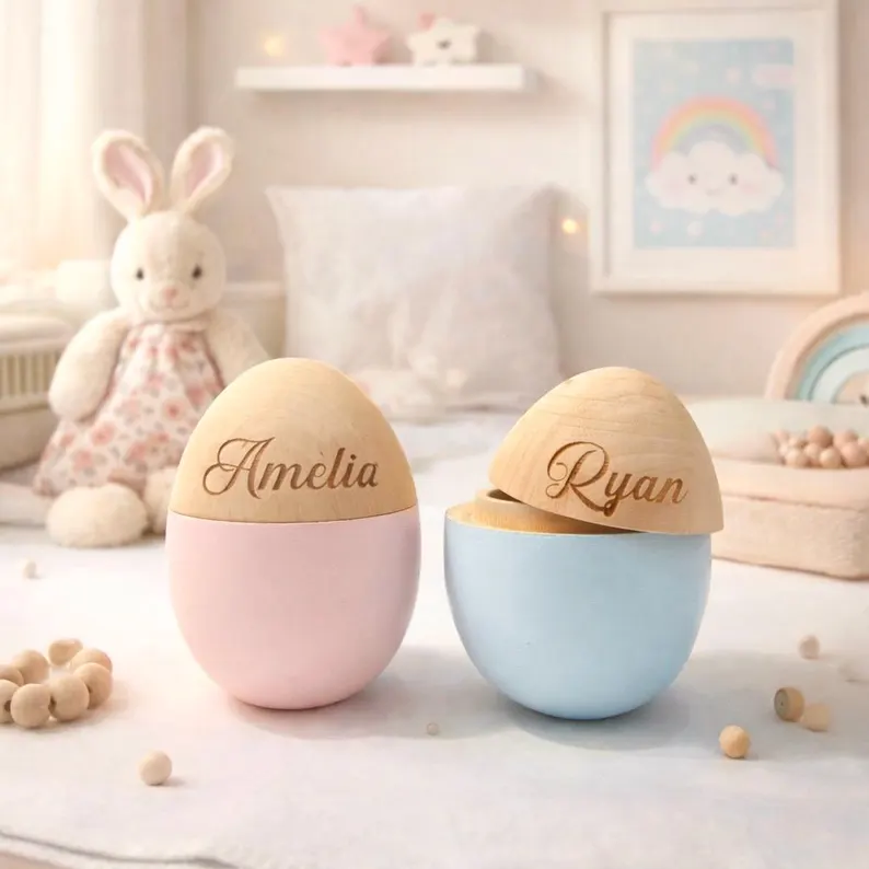 Personalized Wooden Easter Egg for Kids | Custom Name Keepsake for Baby | Pink & Blue Baby Shower Gift