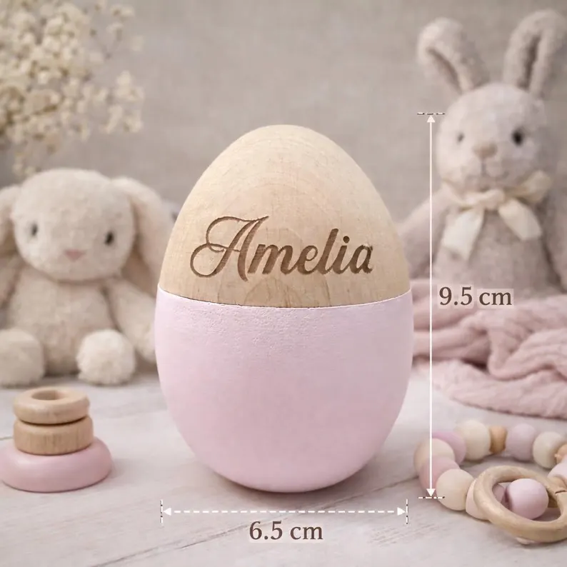 Personalized Wooden Easter Egg for Kids | Custom Name Keepsake for Baby | Pink & Blue Baby Shower Gift