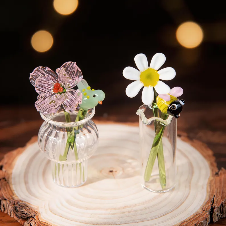 [Copy]Personalized Glass Birth Month Flower Birth Flower Gift Hand Blown Spring Flower Glass Flower Bouquet Valentine's Day Gift For Her Home Decor