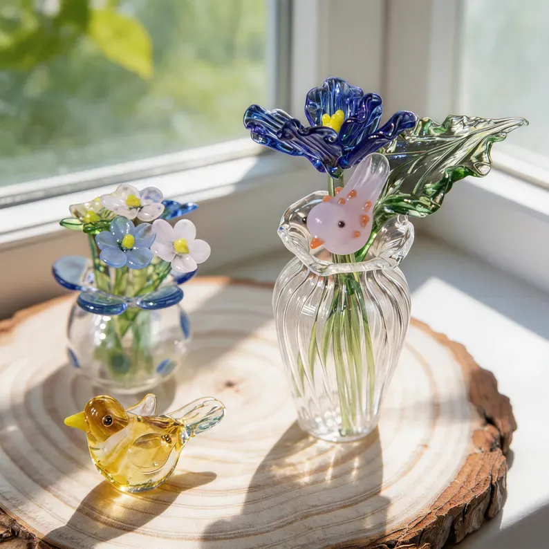 Personalized Birthday Glass Flower Arrangement Custom Multicolor Glass Floral Bouquet in White Vase for Birthday Gifts