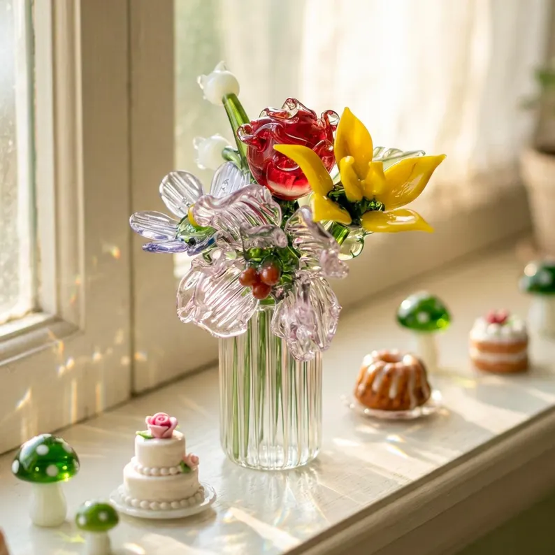 Handmade Glass Birth Month Flower Snowdrop Rose Larkspur Gift For Mom Family Birth flower Bouquet