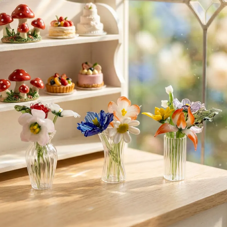 Handmade Glass Birth Month Flower Snowdrop Rose Larkspur Gift For Mom Family Birth flower Bouquet