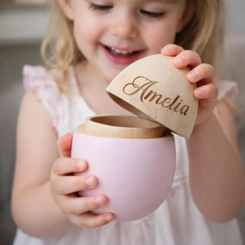 Personalized Wooden Easter Egg for Kids | Custom Name Keepsake for Baby | Pink & Blue Baby Shower Gift