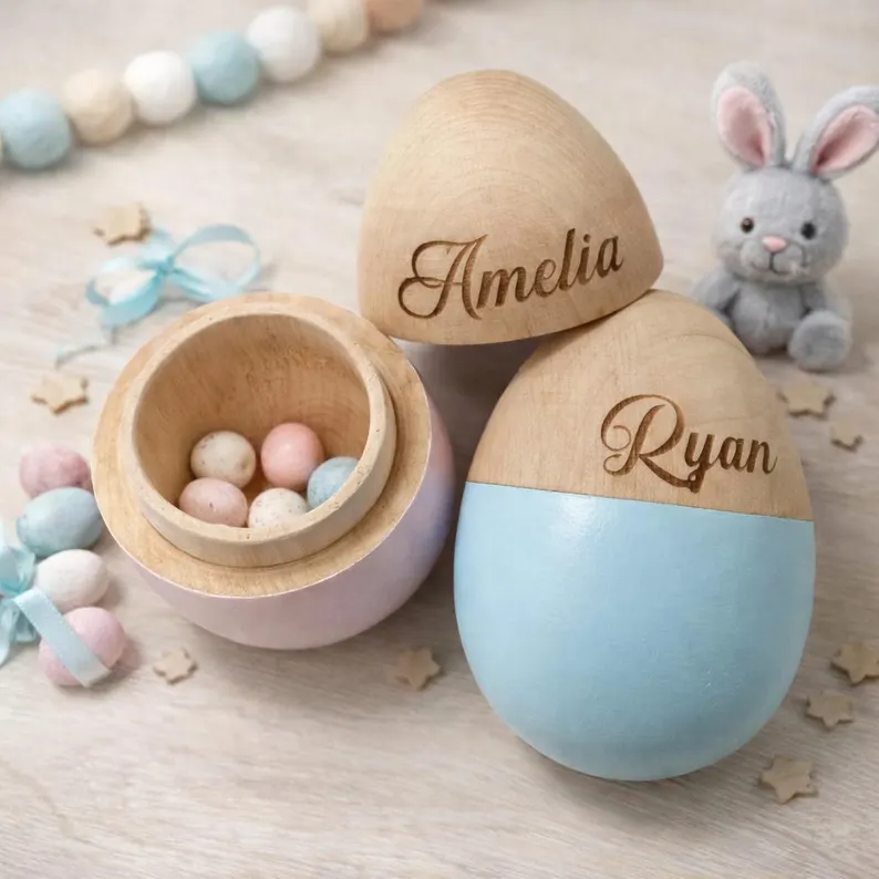 Personalized Wooden Easter Egg for Kids | Custom Name Keepsake for Baby | Pink & Blue Baby Shower Gift