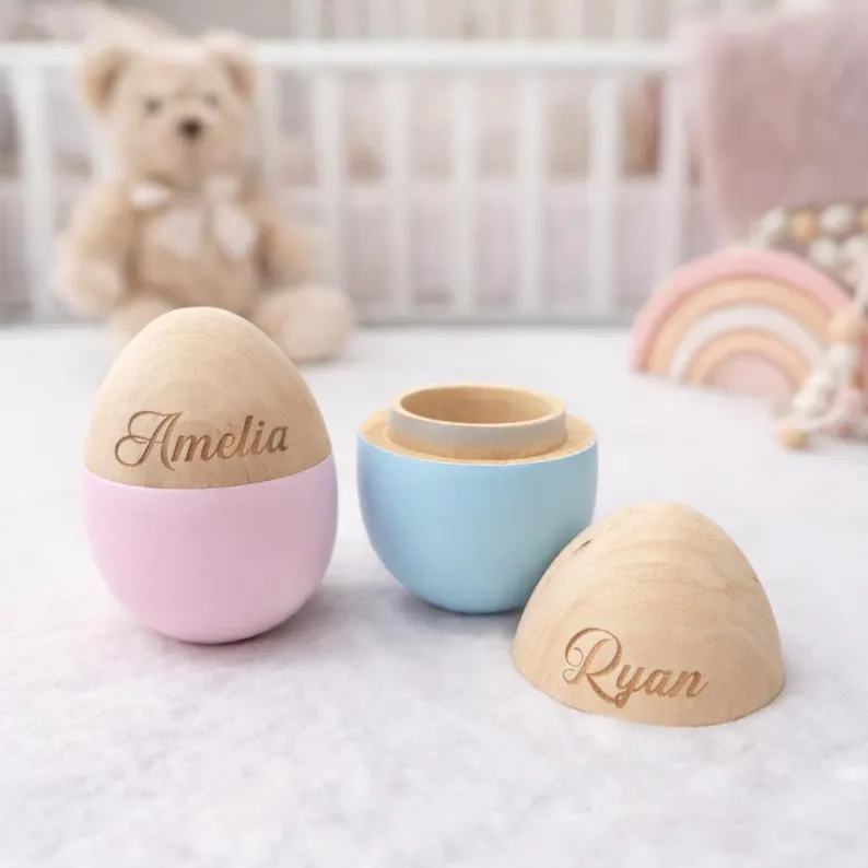 Personalized Wooden Easter Egg for Kids | Custom Name Keepsake for Baby | Pink & Blue Baby Shower Gift