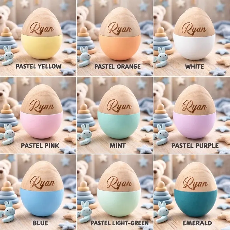 Personalized Wooden Easter Egg for Kids | Custom Name Keepsake for Baby | Pink & Blue Baby Shower Gift