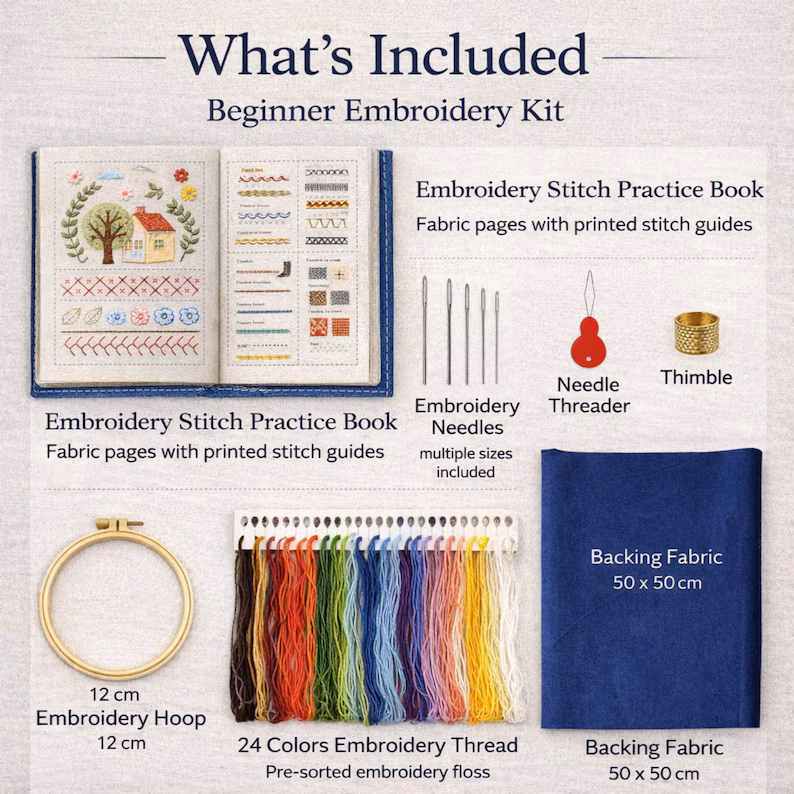 Beginner Embroidery Stitch Practice Book Complete Kit, DIY Hand Embroidery Starter Set, Backing Fabric & Embroidery Tools