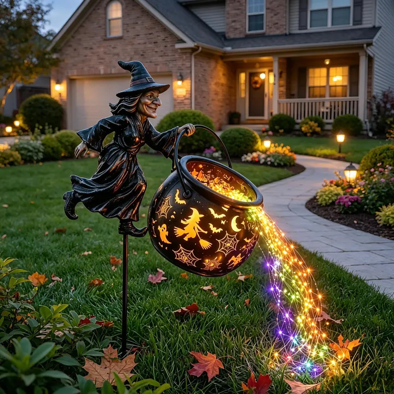 Halloween Witch Cauldron Solar Garden Stake Light, Colorful String Lights Witch Pouring Magic Potion Decor, Outdoor Yard Lawn Halloween Decoration