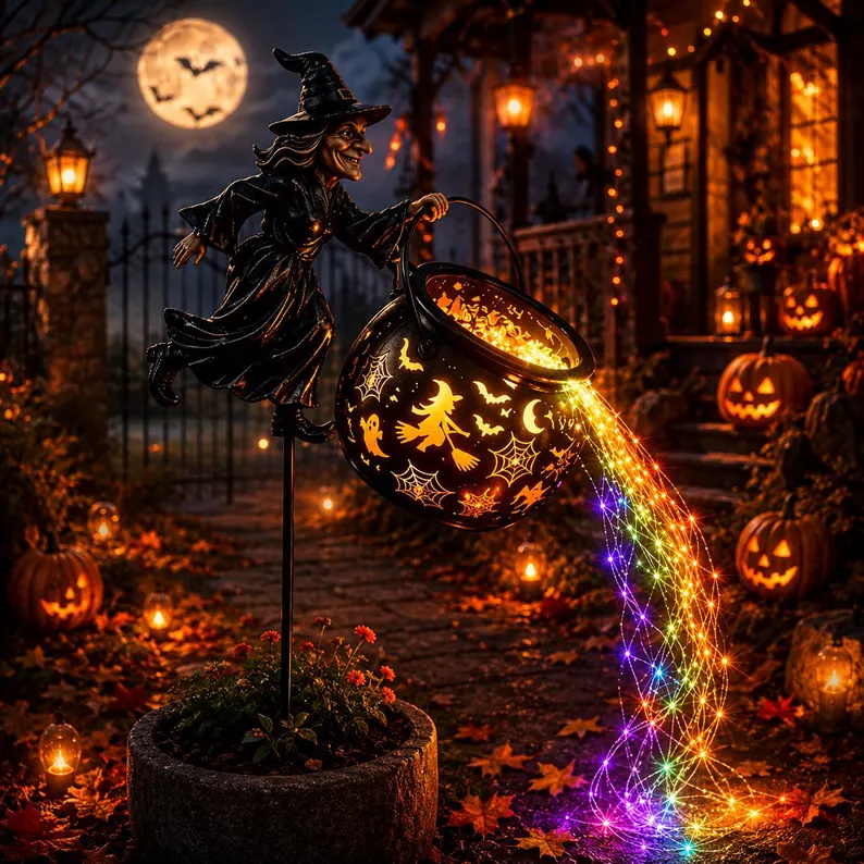 Halloween Witch Cauldron Solar Garden Stake Light, Colorful String Lights Witch Pouring Magic Potion Decor, Outdoor Yard Lawn Halloween Decoration