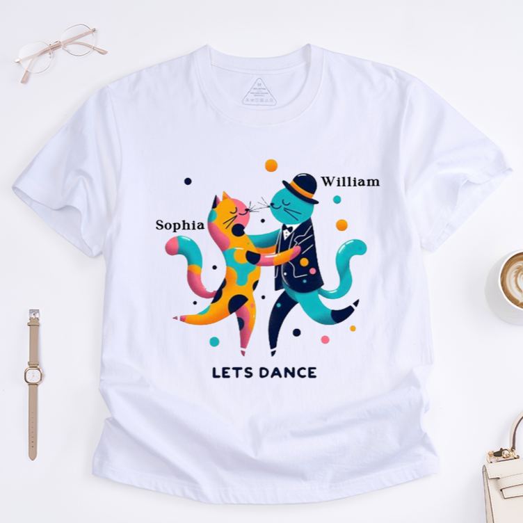 Personalized Classic T-Shirts Dancing Cats Custom Name Cute Gift for Couples Friends Fun Colorful Animal Art Dance Unique Present