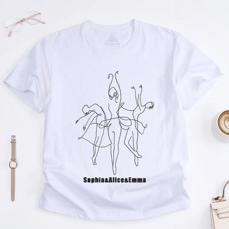 Personalized Ballet Dancers Line Art T-Shirts Custom Name Artistic Dance Outline Gift for Women Unique Minimalist Ballerina Drawing Shirt