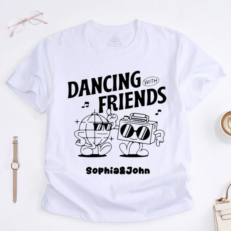 Personalized Dancing With Friends T-Shirts Custom Name Fun Cartoon Disco Ball and Boombox Graphic Gift for Dance Lovers Unisex Trendy Tee