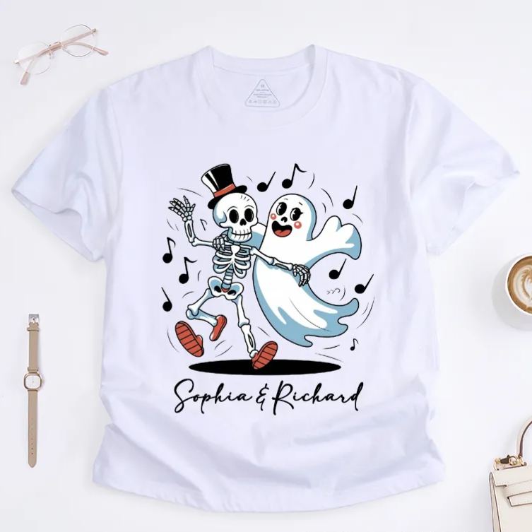 Personalized Dancing Skeleton and Cute Ghost Unisex T-Shirts Halloween Gift Custom Name Spooky Present for Friends Family Lovers Unique Costume