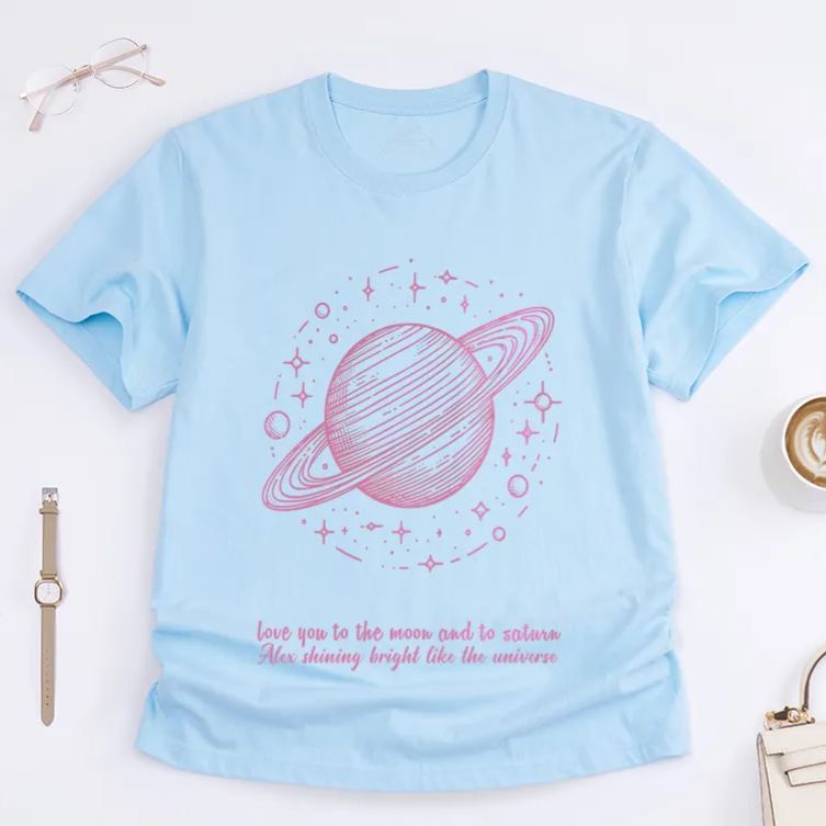 Personalized Classic T-Shirts Galactic Shimmer Tee Celestial Planetary Design with Pink Cosmic Vibes Tee