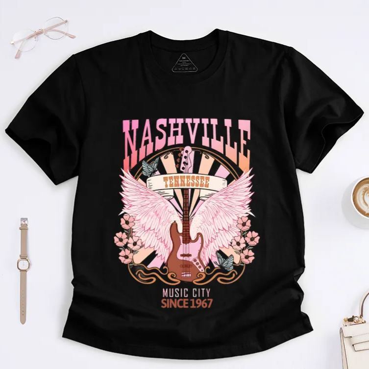 Personalized Classic T-Shirts Nashville Music City and Pink Guitar and Wings Graphic Tee Perfect for Music Lovers and Tennessee Fans Gift