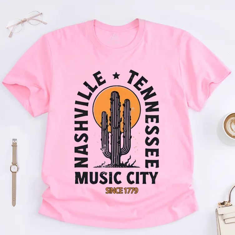 Personalized Classic T-Shirts Nashville Music City T-Shirt Cactus and Sunset Graphic Tee Perfect for Travel and Country Music Fans T-Shirt