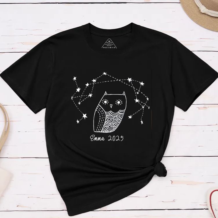 Personalized Owl Constellation T-Shirt Custom Name Unique 2025 Gift for Women Men Star Lover Unisex Tee Hand Drawn Animal Art Birthday Present