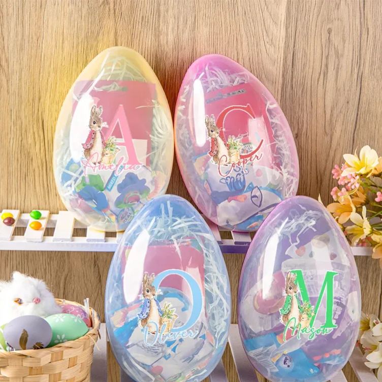 Personalized Cute Peter Rabbit Bunny Initial Fillable Jumbo Easter Egg with Name Holiday Basket Stuffers Easter Birthday Party Favors Gift for Kids