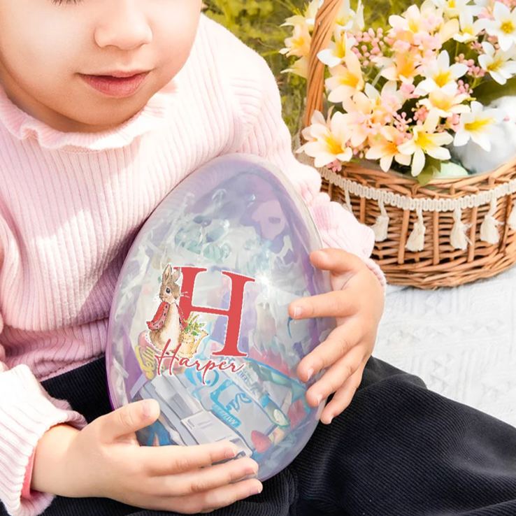 Personalized Cute Peter Rabbit Bunny Initial Fillable Jumbo Easter Egg with Name Holiday Basket Stuffers Easter Birthday Party Favors Gift for Kids