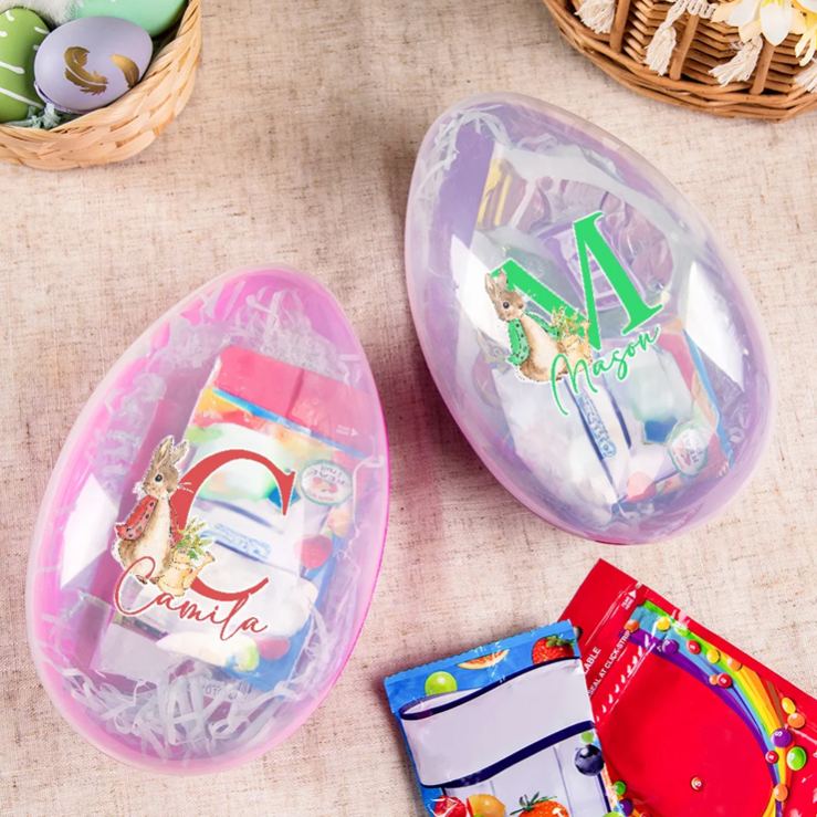 Personalized Cute Peter Rabbit Bunny Initial Fillable Jumbo Easter Egg with Name Holiday Basket Stuffers Easter Birthday Party Favors Gift for Kids