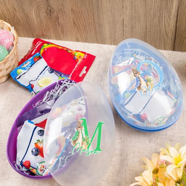 Personalized Cute Peter Rabbit Bunny Initial Fillable Jumbo Easter Egg with Name Holiday Basket Stuffers Easter Birthday Party Favors Gift for Kids
