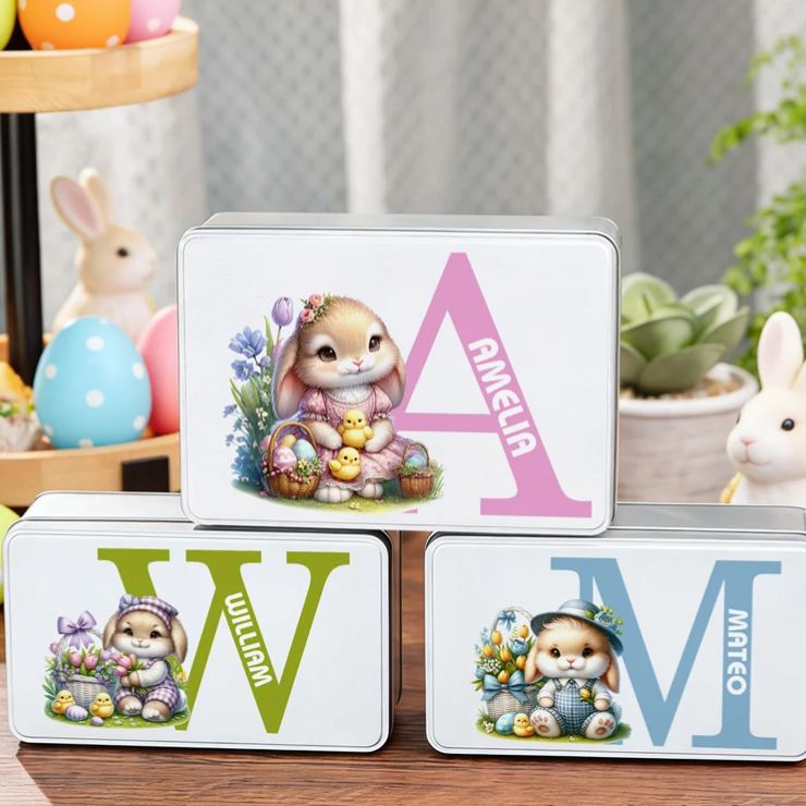 Personalized Cute Bunny Flowers Easter Eggs Initial Food Grade Metal Biscuit Tin Storage Box with Name Easter Holiday Gift for Family Kids