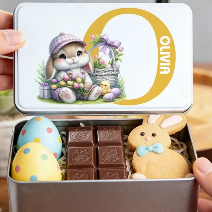 Personalized Cute Bunny Flowers Easter Eggs Initial Food Grade Metal Biscuit Tin Storage Box with Name Easter Holiday Gift for Family Kids