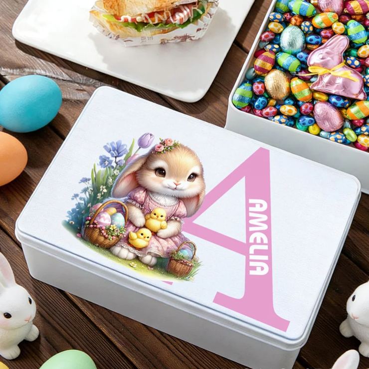 Personalized Cute Bunny Flowers Easter Eggs Initial Food Grade Metal Biscuit Tin Storage Box with Name Easter Holiday Gift for Family Kids