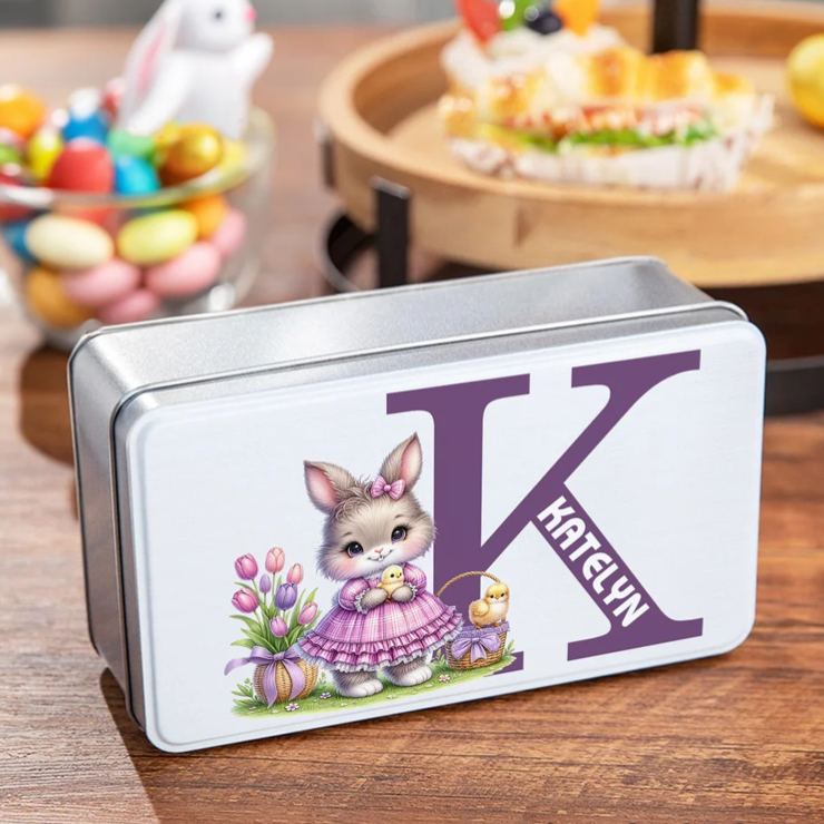 Personalized Cute Bunny Flowers Easter Eggs Initial Food Grade Metal Biscuit Tin Storage Box with Name Easter Holiday Gift for Family Kids