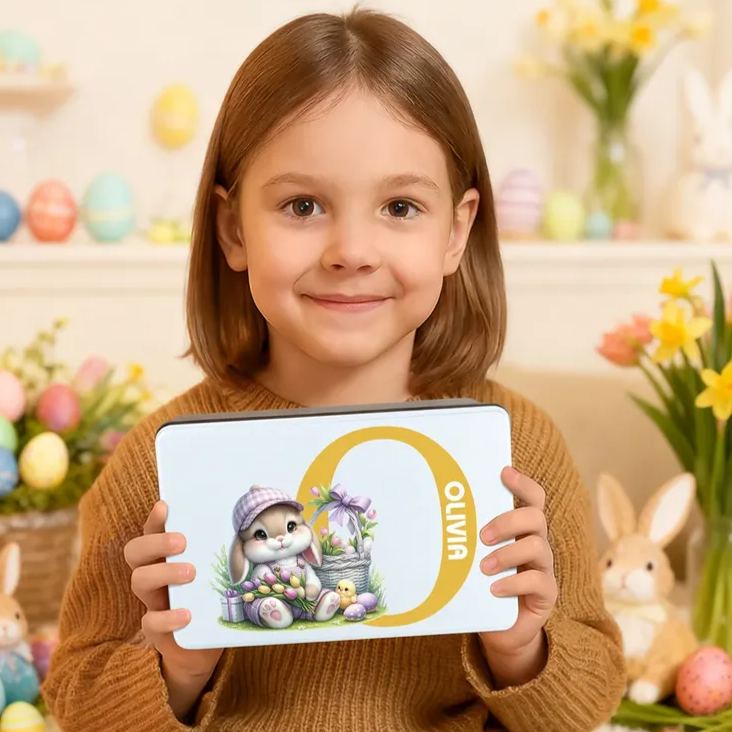 Personalized Cute Bunny Flowers Easter Eggs Initial Food Grade Metal Biscuit Tin Storage Box with Name Easter Holiday Gift for Family Kids