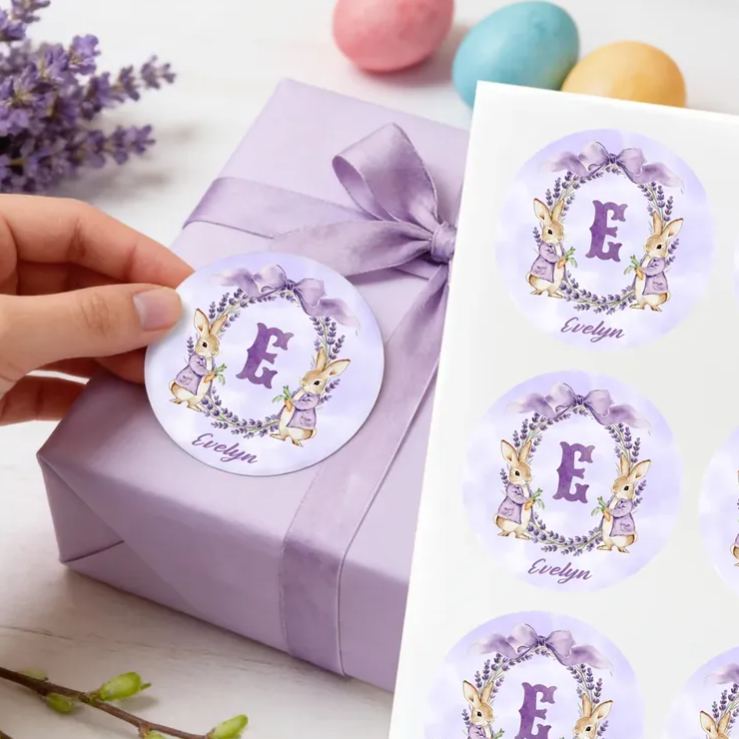 Personalized Cute Flower Peter Rabbit Set of 2 Easter Waterproof Stickers Labels with Name and Initial Easter Day Decor Party Favors for Family Kids
