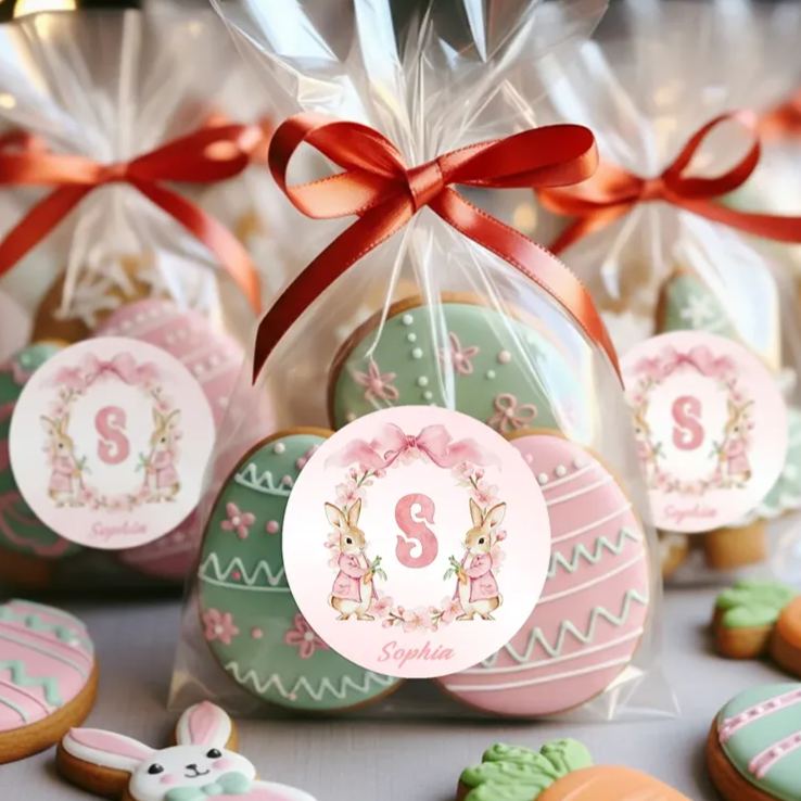 Personalized Cute Flower Peter Rabbit Set of 2 Easter Waterproof Stickers Labels with Name and Initial Easter Day Decor Party Favors for Family Kids