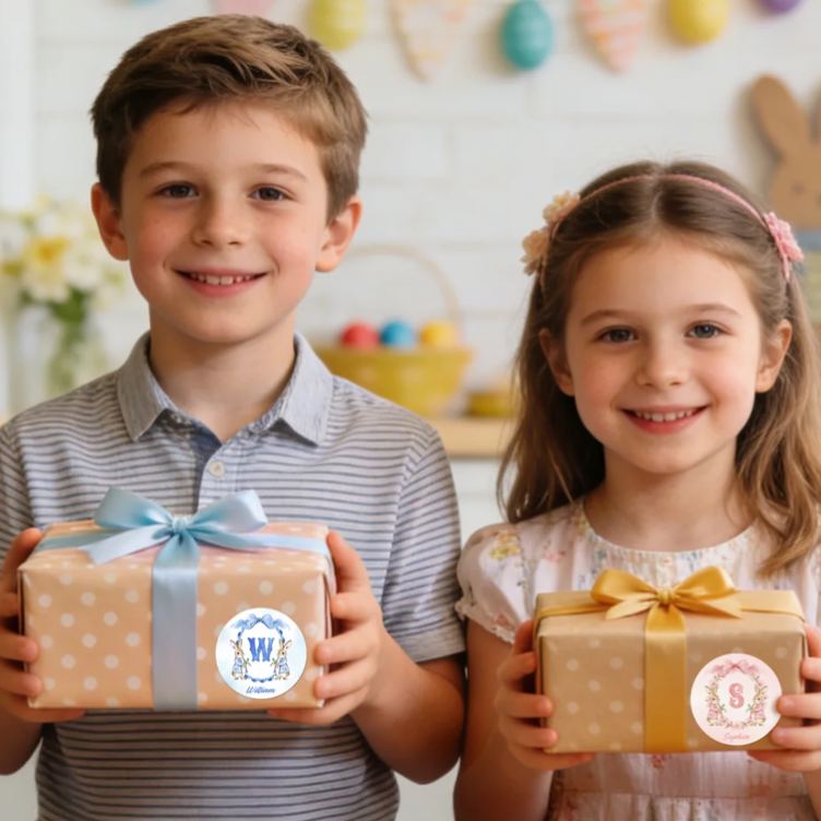 Personalized Cute Flower Peter Rabbit Set of 2 Easter Waterproof Stickers Labels with Name and Initial Easter Day Decor Party Favors for Family Kids