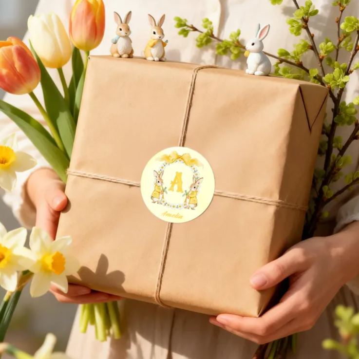 Personalized Cute Flower Peter Rabbit Set of 2 Easter Waterproof Stickers Labels with Name and Initial Easter Day Decor Party Favors for Family Kids