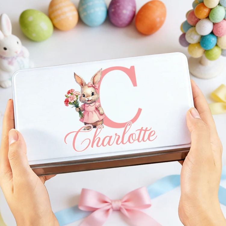 Personalized Birth Flower Cute Bunny Easter Biscuit Tin Box with Name and Initial Easter Party Easter Gift for Children