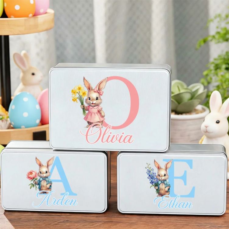 Personalized Birth Flower Cute Bunny Easter Biscuit Tin Box with Name and Initial Easter Party Easter Gift for Children