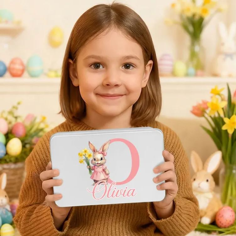 Personalized Birth Flower Cute Bunny Easter Biscuit Tin Box with Name and Initial Easter Party Easter Gift for Children