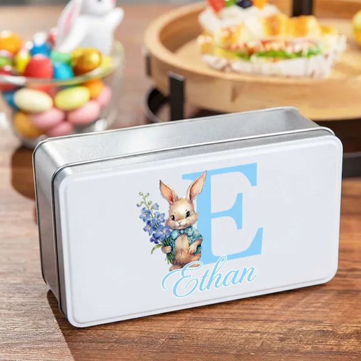 Personalized Birth Flower Cute Bunny Easter Biscuit Tin Box with Name and Initial Easter Party Easter Gift for Children