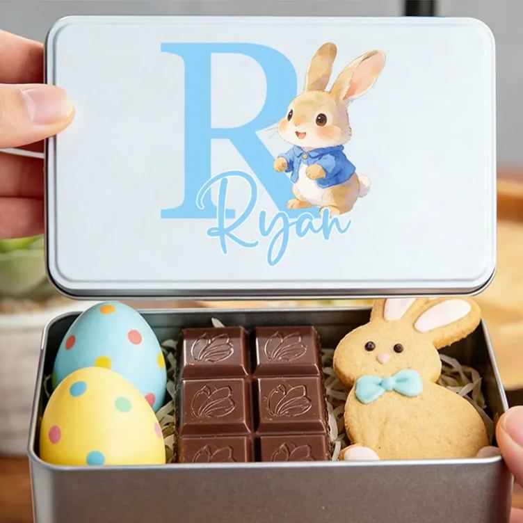 Personalized Cute Cartoon Rabbit Initial Biscuit Tin Storage Box with Name Easter Party Gift for Kids Family