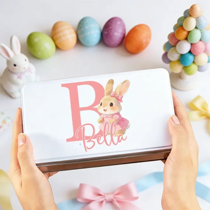 Personalized Cute Cartoon Rabbit Initial Biscuit Tin Storage Box with Name Easter Party Gift for Kids Family