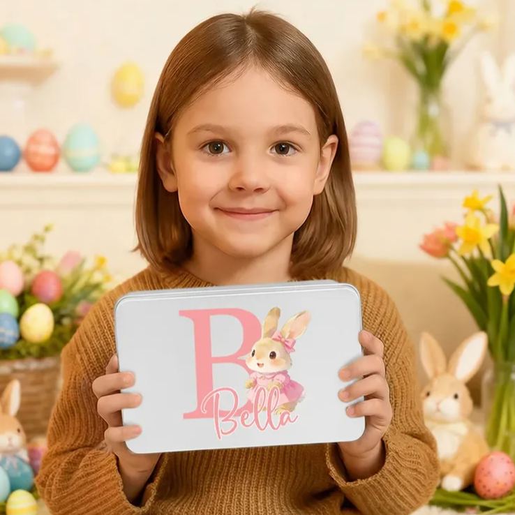 Personalized Cute Cartoon Rabbit Initial Biscuit Tin Storage Box with Name Easter Party Gift for Kids Family