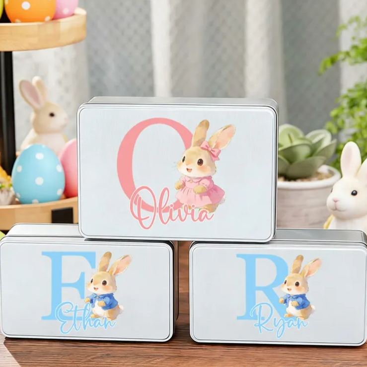 Personalized Cute Cartoon Rabbit Initial Biscuit Tin Storage Box with Name Easter Party Gift for Kids Family