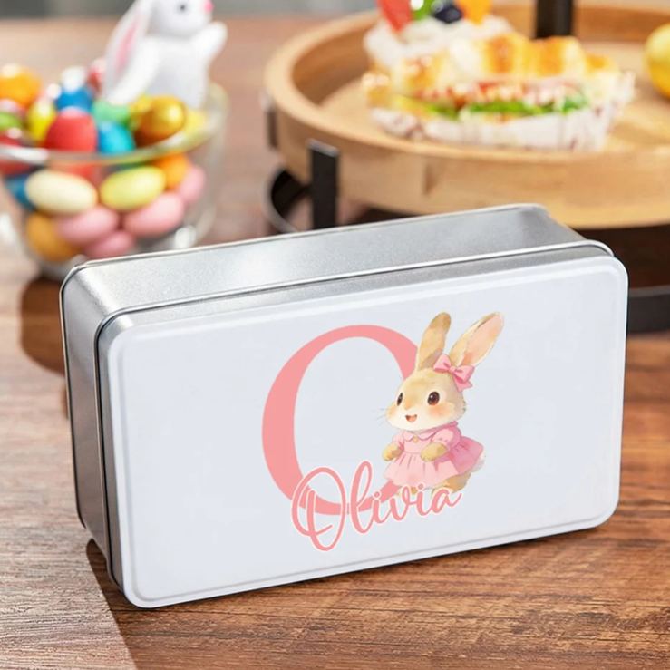 Personalized Cute Cartoon Rabbit Initial Biscuit Tin Storage Box with Name Easter Party Gift for Kids Family