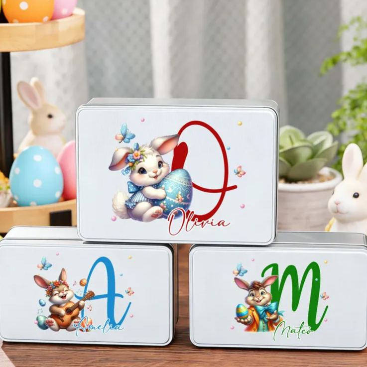 Personalized Easter Bunny Eggs Food Grade Metal Biscuit Tin Storage Box with Name and Initial Easter Holiday Gift for Family Kids