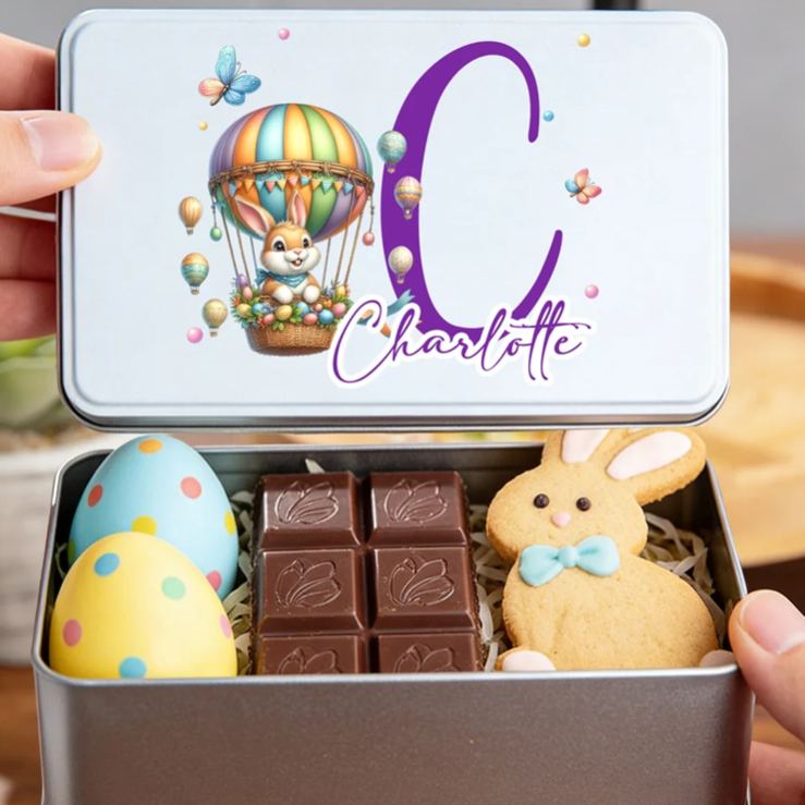 Personalized Easter Bunny Eggs Food Grade Metal Biscuit Tin Storage Box with Name and Initial Easter Holiday Gift for Family Kids