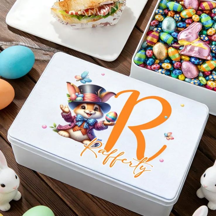 Personalized Easter Bunny Eggs Food Grade Metal Biscuit Tin Storage Box with Name and Initial Easter Holiday Gift for Family Kids