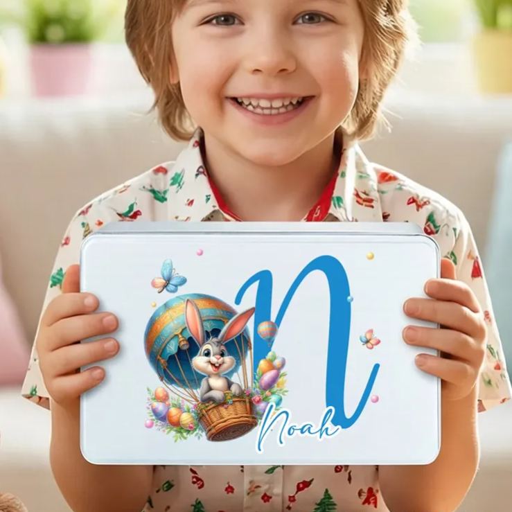 Personalized Easter Bunny Eggs Food Grade Metal Biscuit Tin Storage Box with Name and Initial Easter Holiday Gift for Family Kids