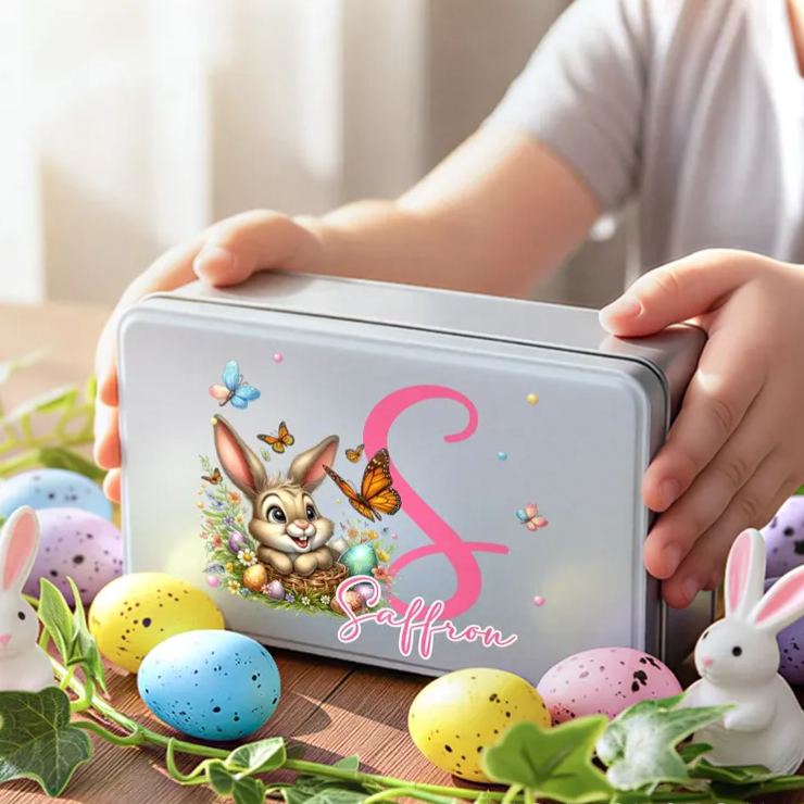 Personalized Easter Bunny Eggs Food Grade Metal Biscuit Tin Storage Box with Name and Initial Easter Holiday Gift for Family Kids