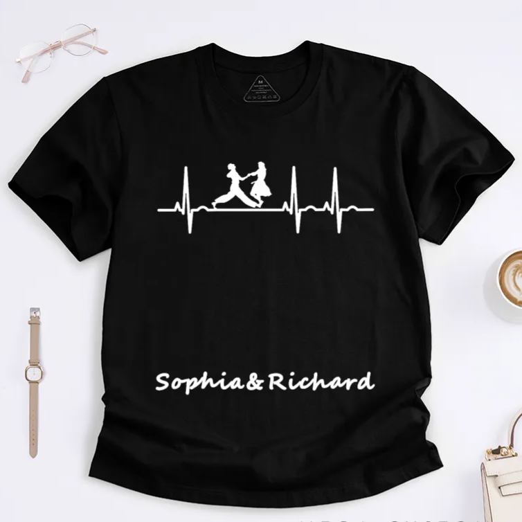 Personalized Dancing Heartbeat T-Shirts Custom Name Gift for Dance Lovers Unique Dance Partner for Him or Her Present Unisex Apparel